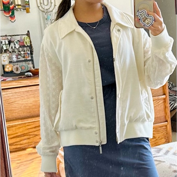 7 For All Mankind Cream Eyelet Bomber Jacket - Picture 2 of 9